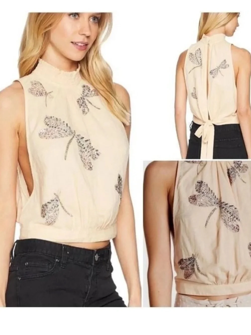 Free People "The Garden" top smocked mock neck sequin dragonfly embroidery S - Picture 3 of 10